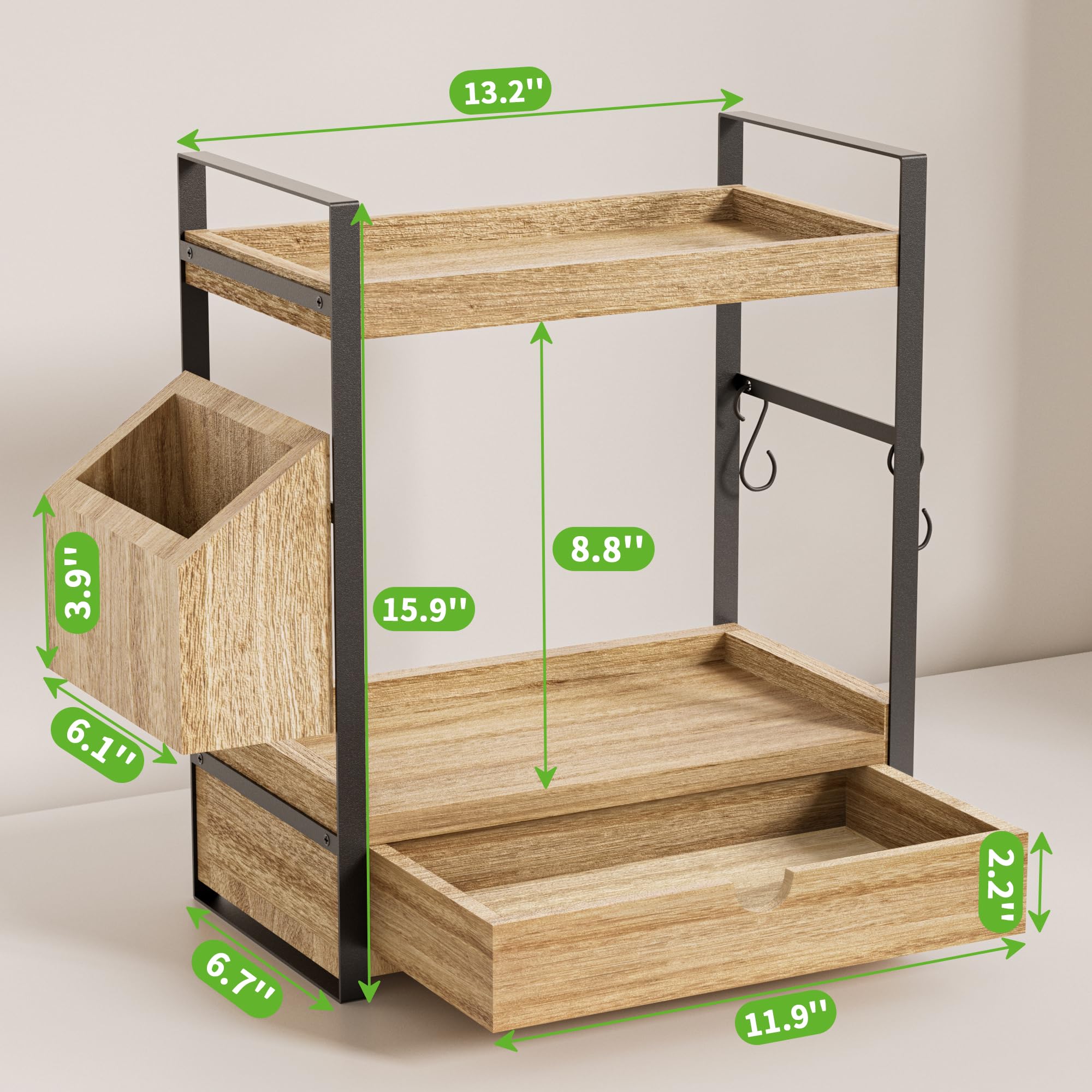 Aollewoiti bathroom counter organizer dimensions show a compact footprint for small spaces.