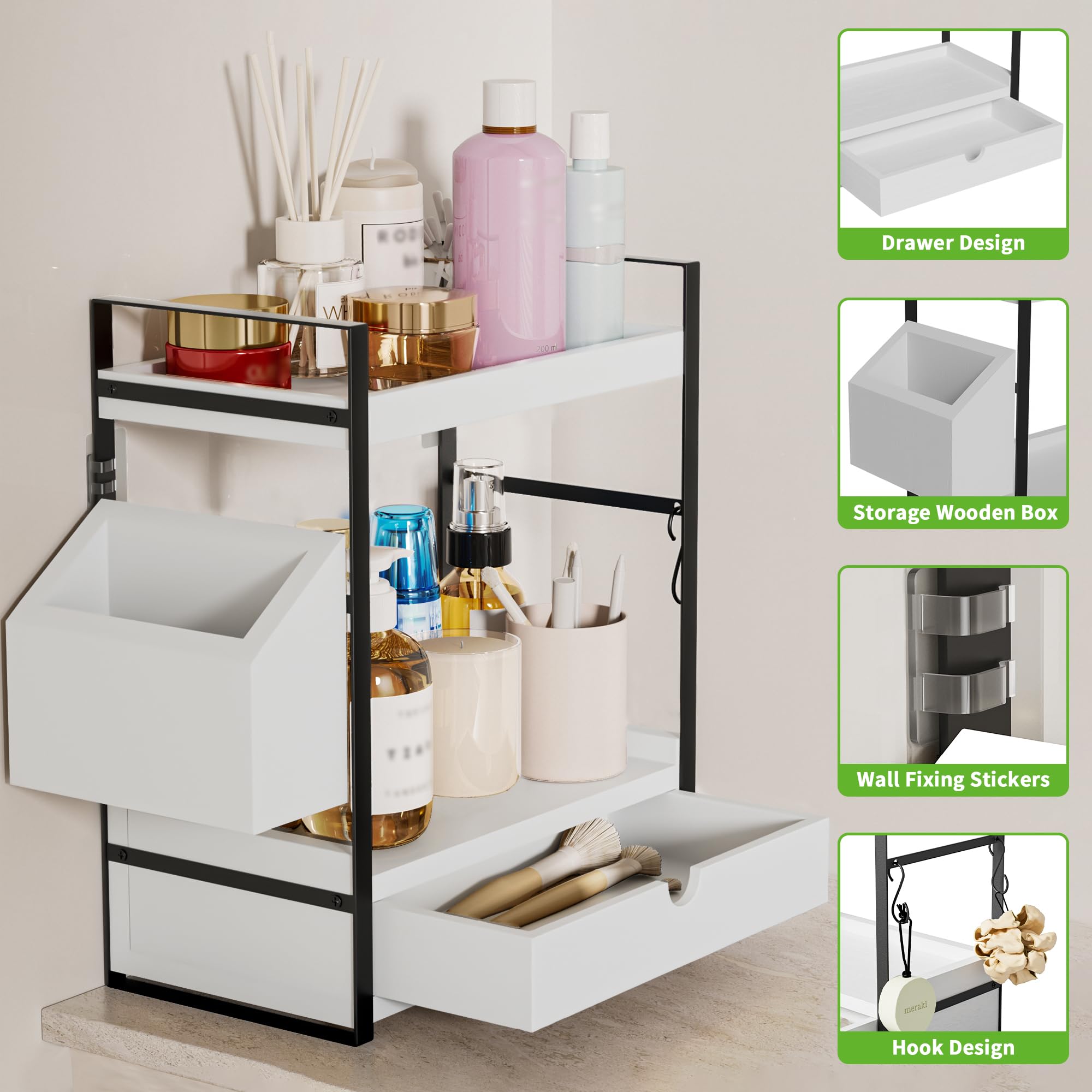 Aollewoiti bathroom organizer with drawer and basket organizes daily essentials neatly on counter