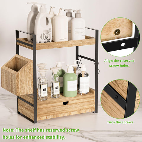 Aollewoiti open-design storage keeps items within easy reach on the vanity.