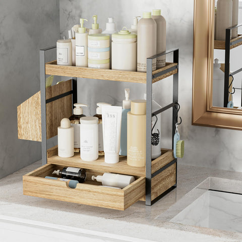 Aollewoiti vanity organizer on counter keeps daily essentials handy.