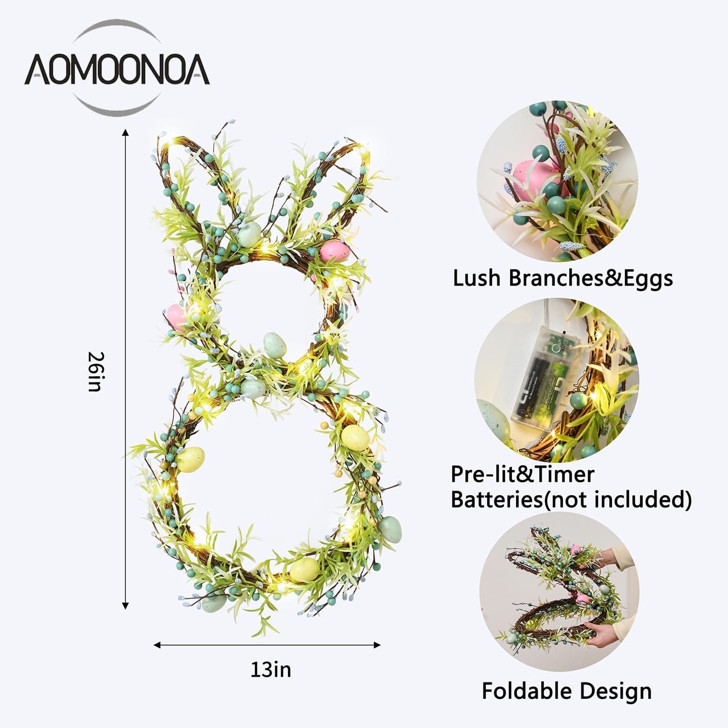 Foldable AOMOONOA Easter bunny wreath shown in compact storage mode