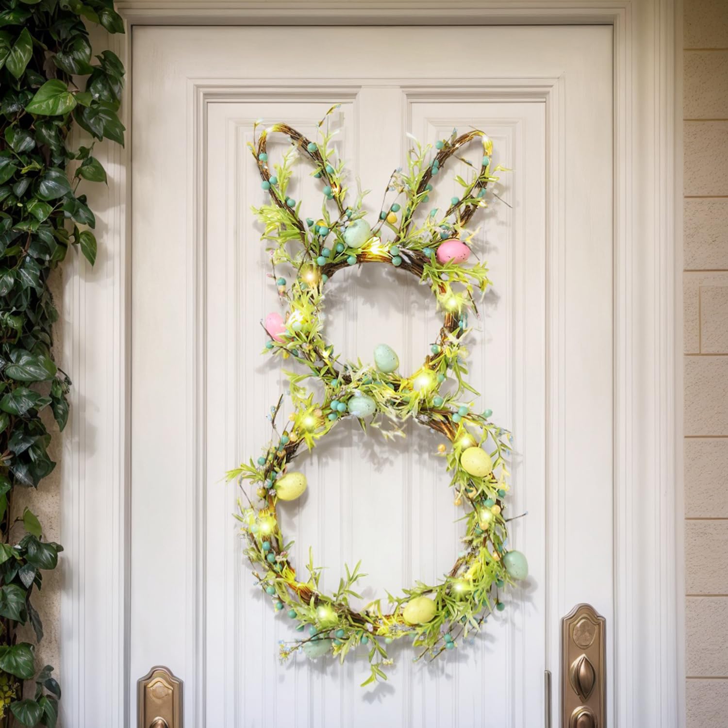 AOMOONOA timer Easter bunny wreath for front door with warm glow and welcoming presence