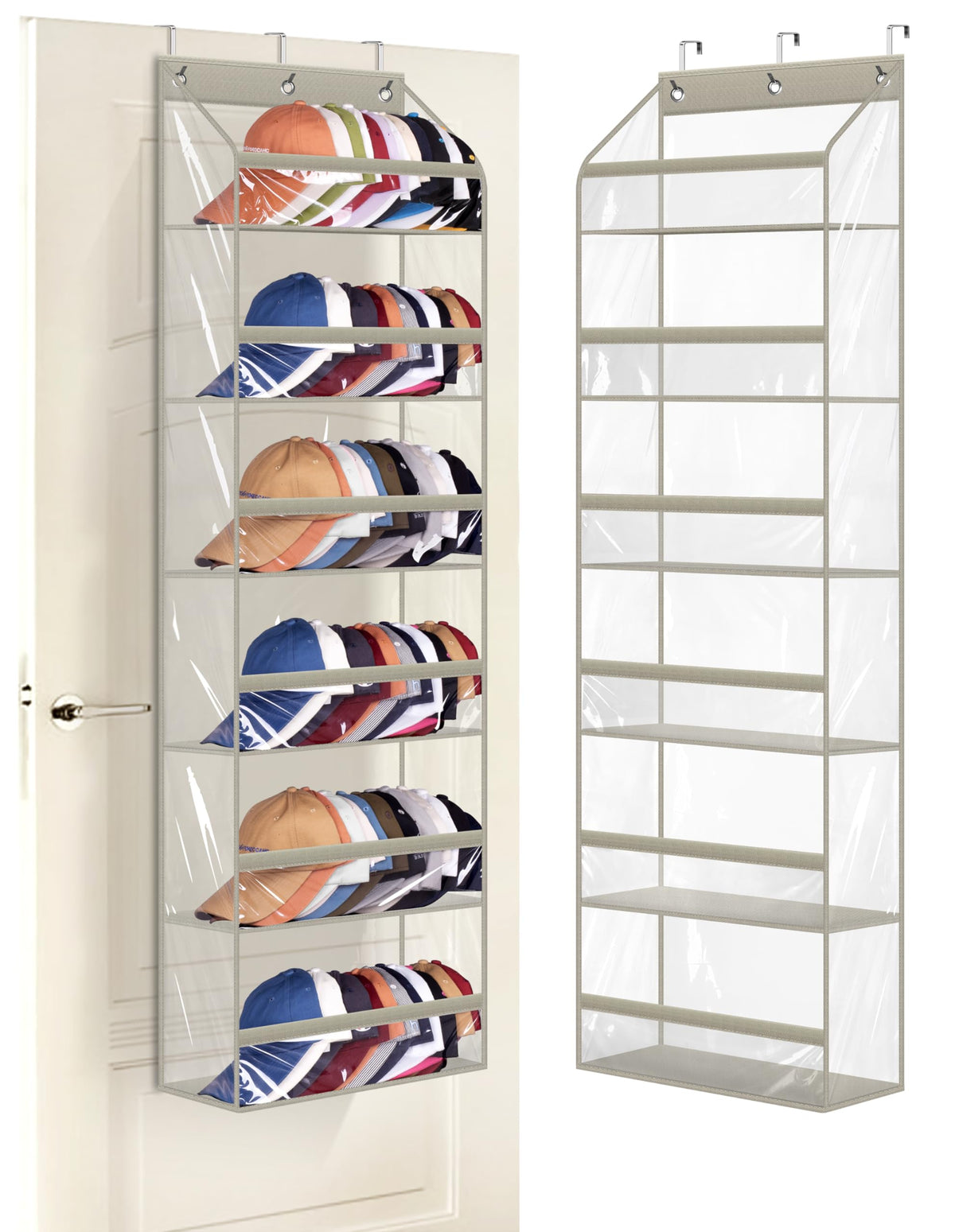 AOODA Clear over-the-door hat rack displays 72 caps with easy access.