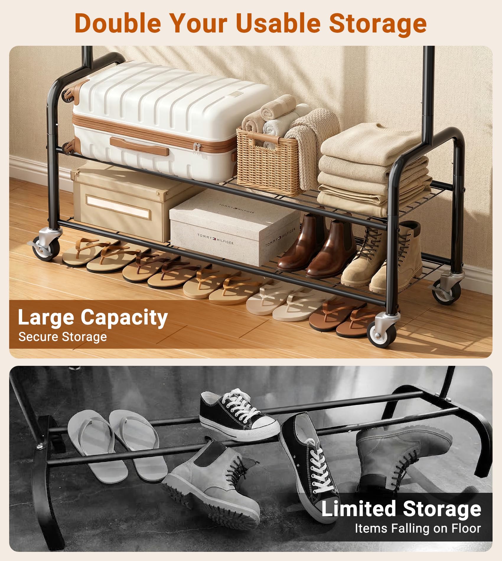 AOODA clothes rack with shelves close up highlights sturdy metal shelves