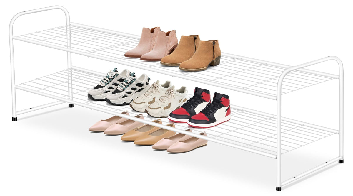 AOODA long 2-tier shoe rack in white offering roomy closet storage.