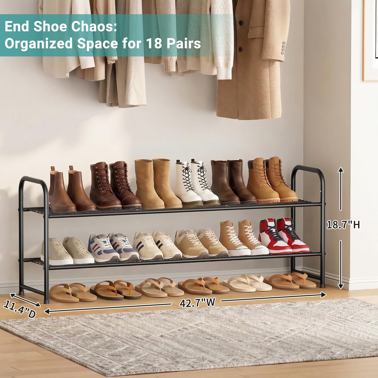 AOODA metal shoe rack with grid shelves for sturdy storage.