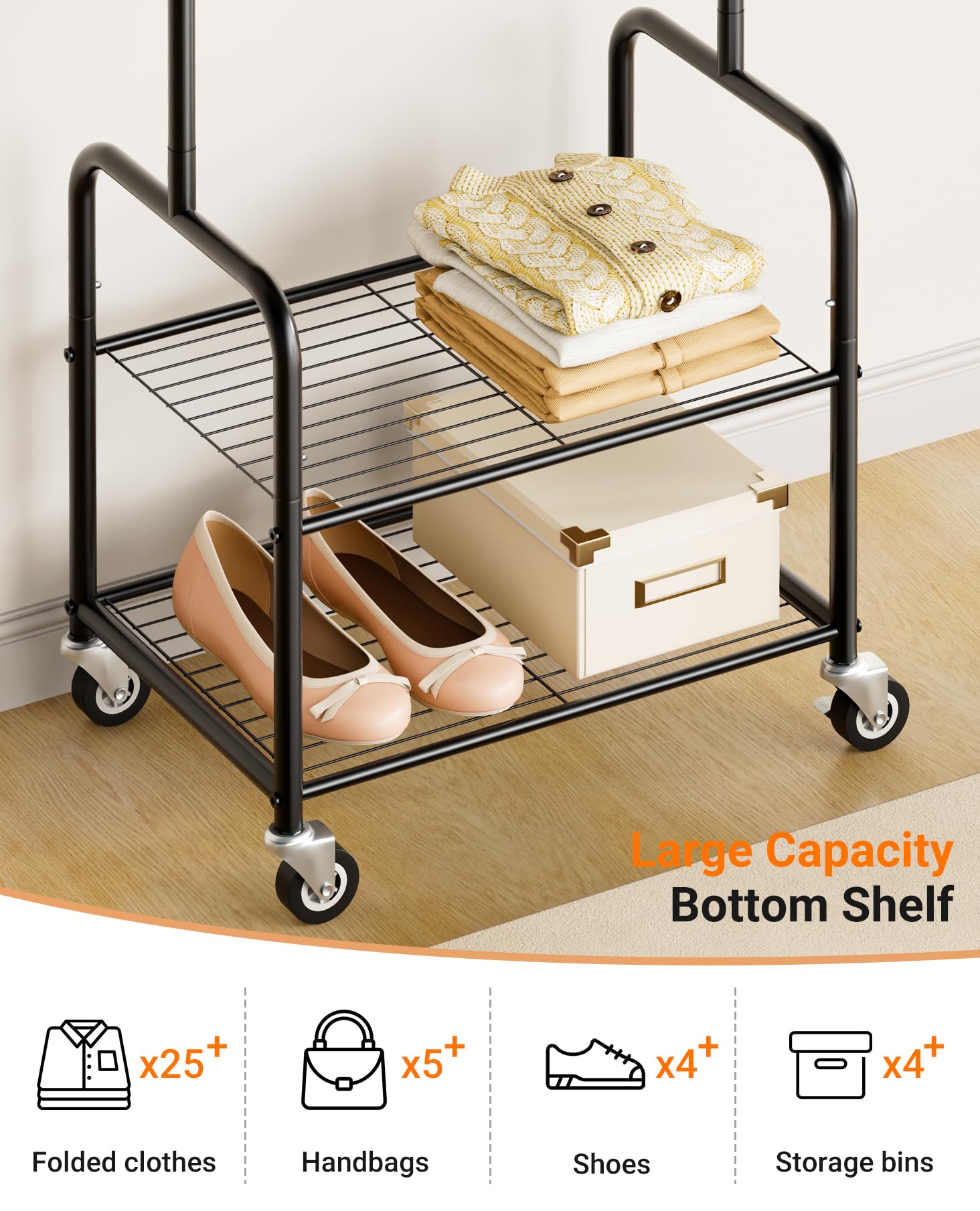 AOODA rolling clothes rack on wheels enables easy movement between rooms