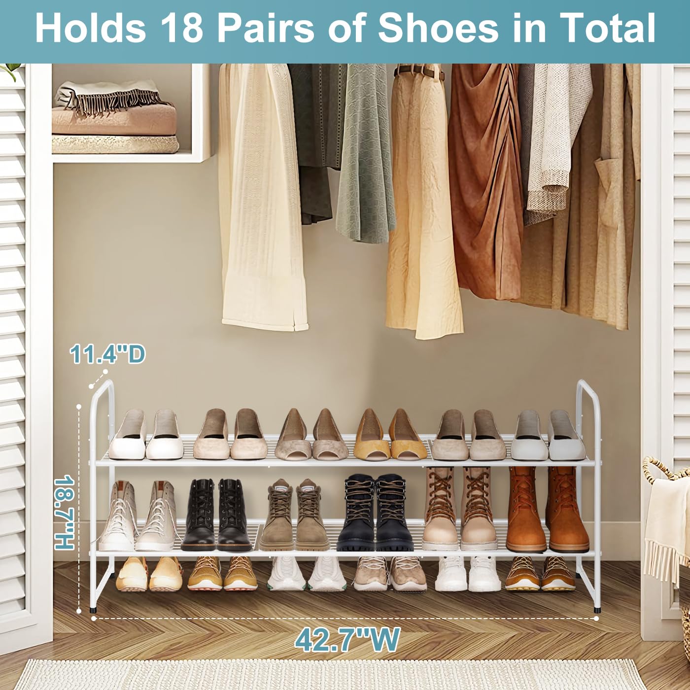 AOODA stackable design shows 18-pair capacity for organized footwear.