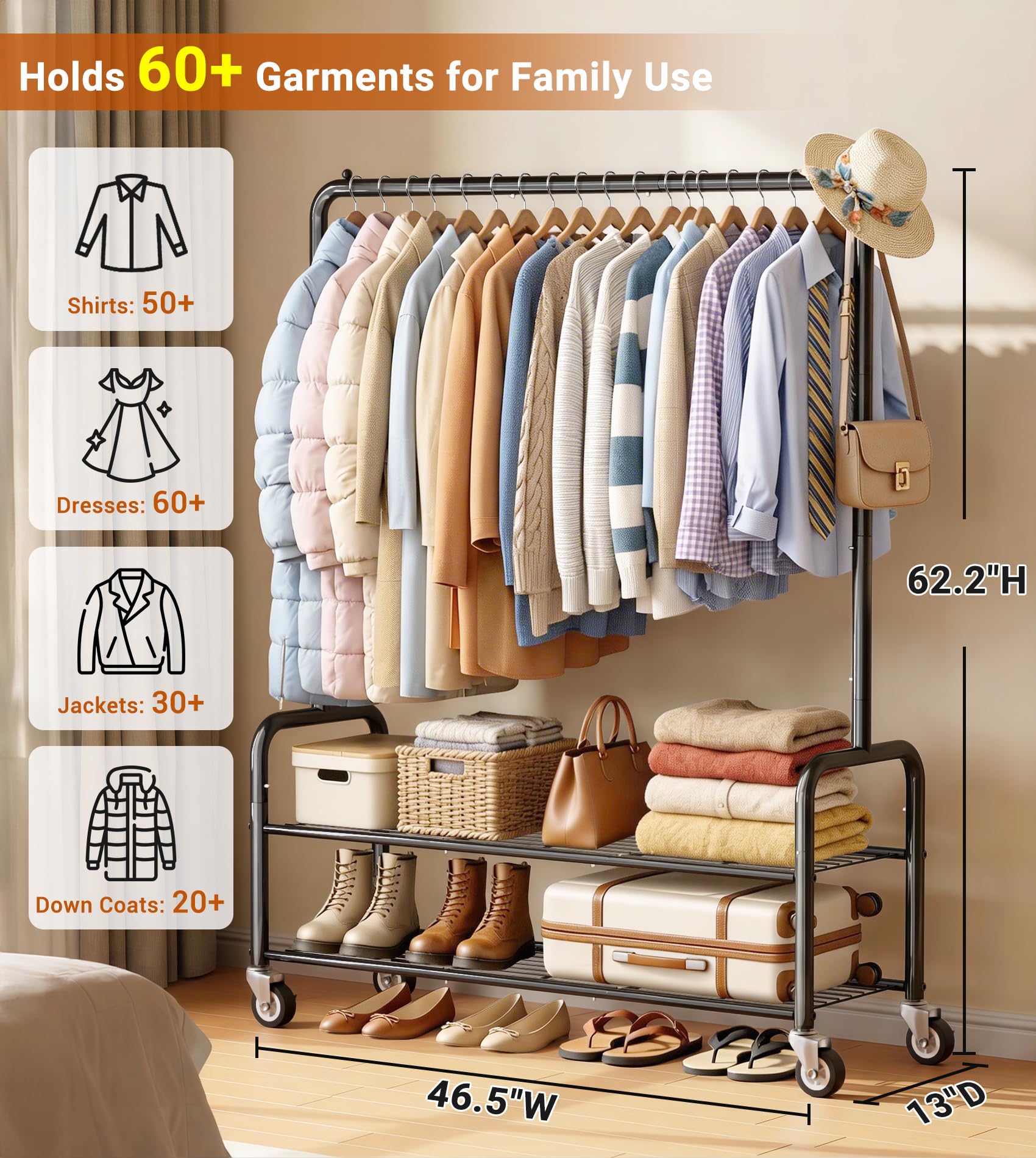 AOODA wardrobe rack with lockable wheels keeps garments secure in any room