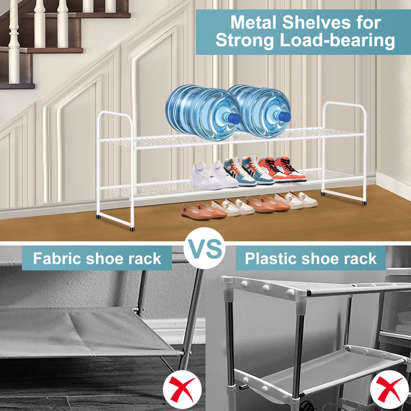AOODA wide two-tier rack fits sneakers and boots in a tidy entryway.