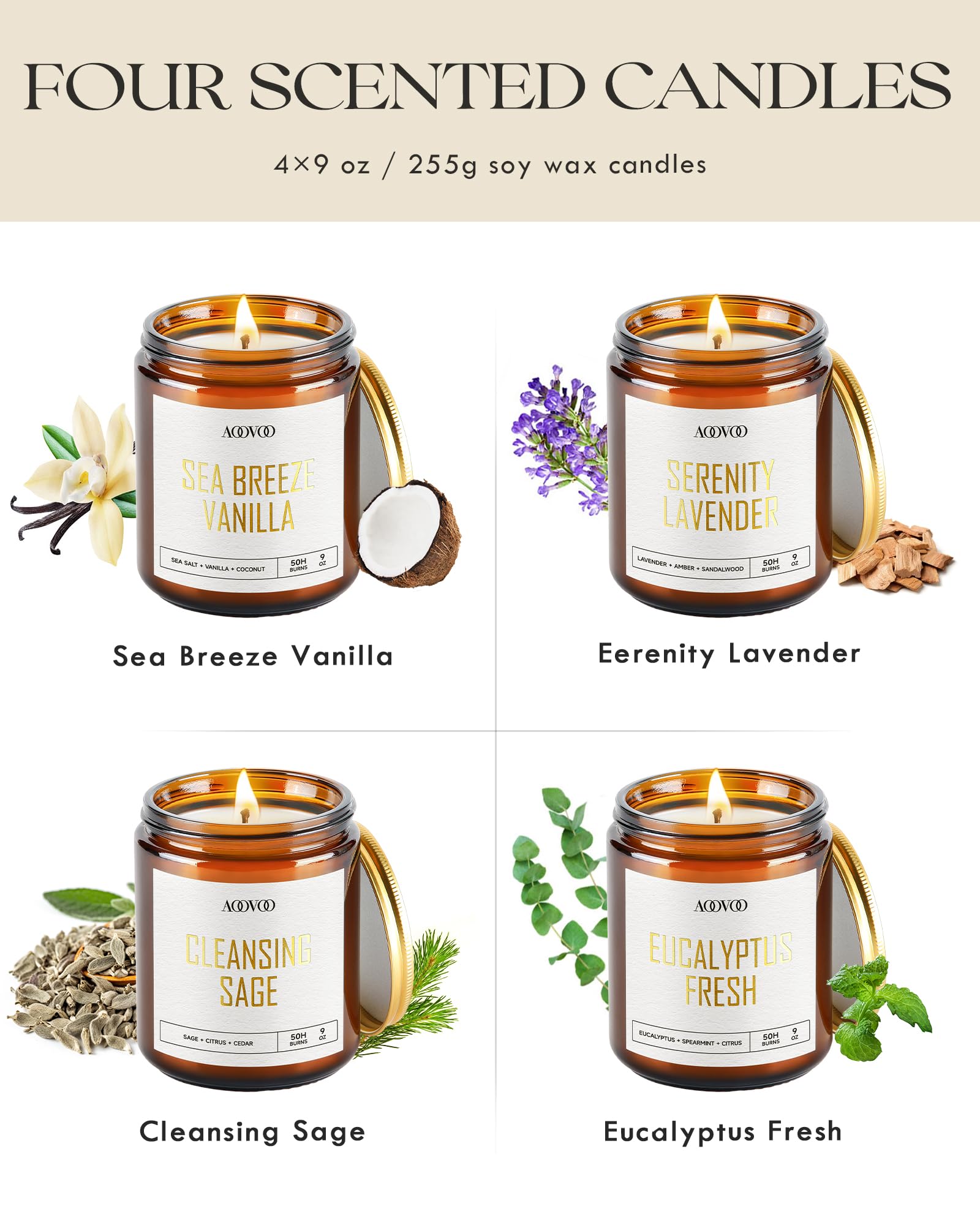AOOVOO gold-foil labeled candles ideal for gifting and display.