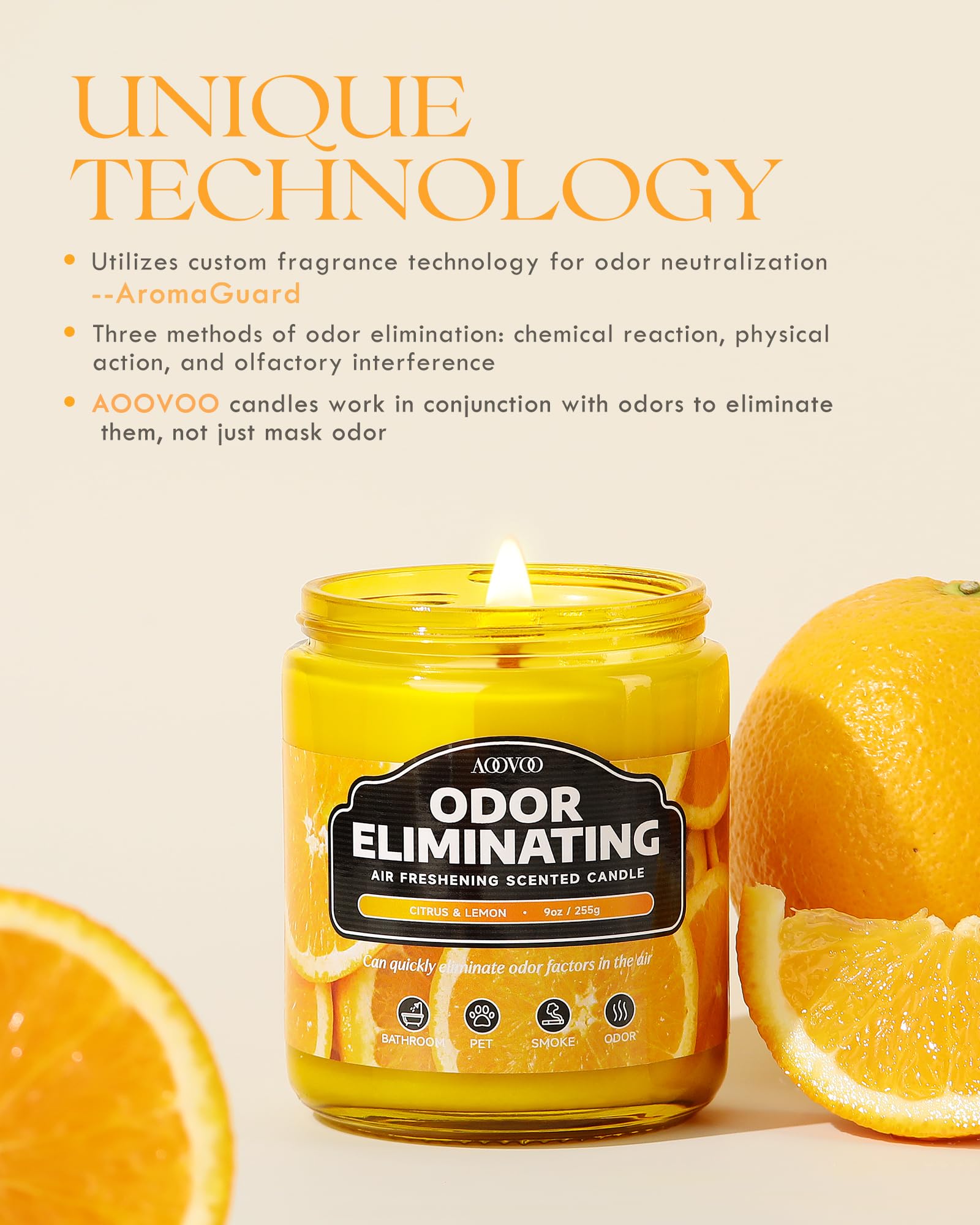 AOOVOO citrus lemon candle, 4-pack burn time highlights long-lasting fragrance.