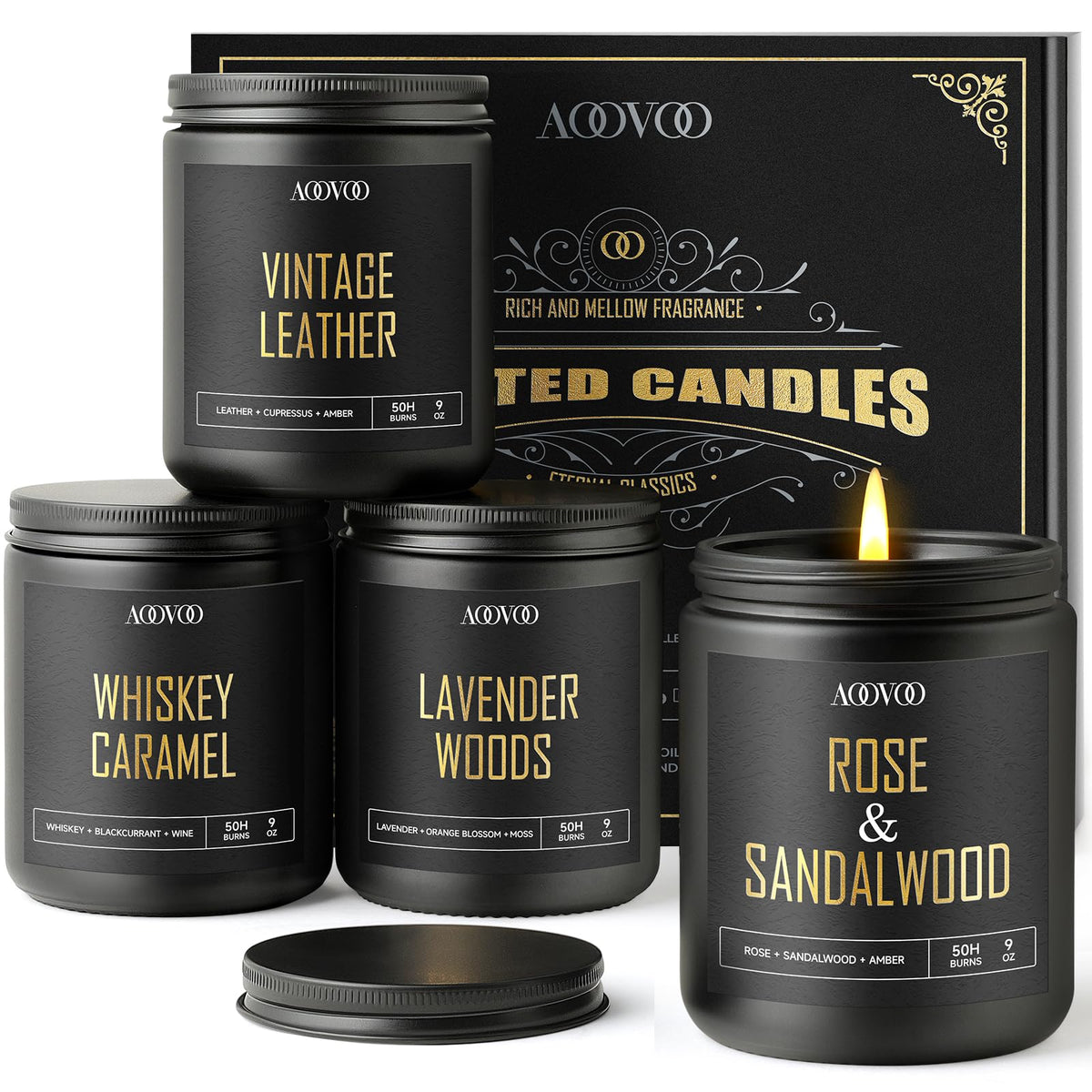 AOOVOO Rose Sandalwood candle in black jar for calming ambiance