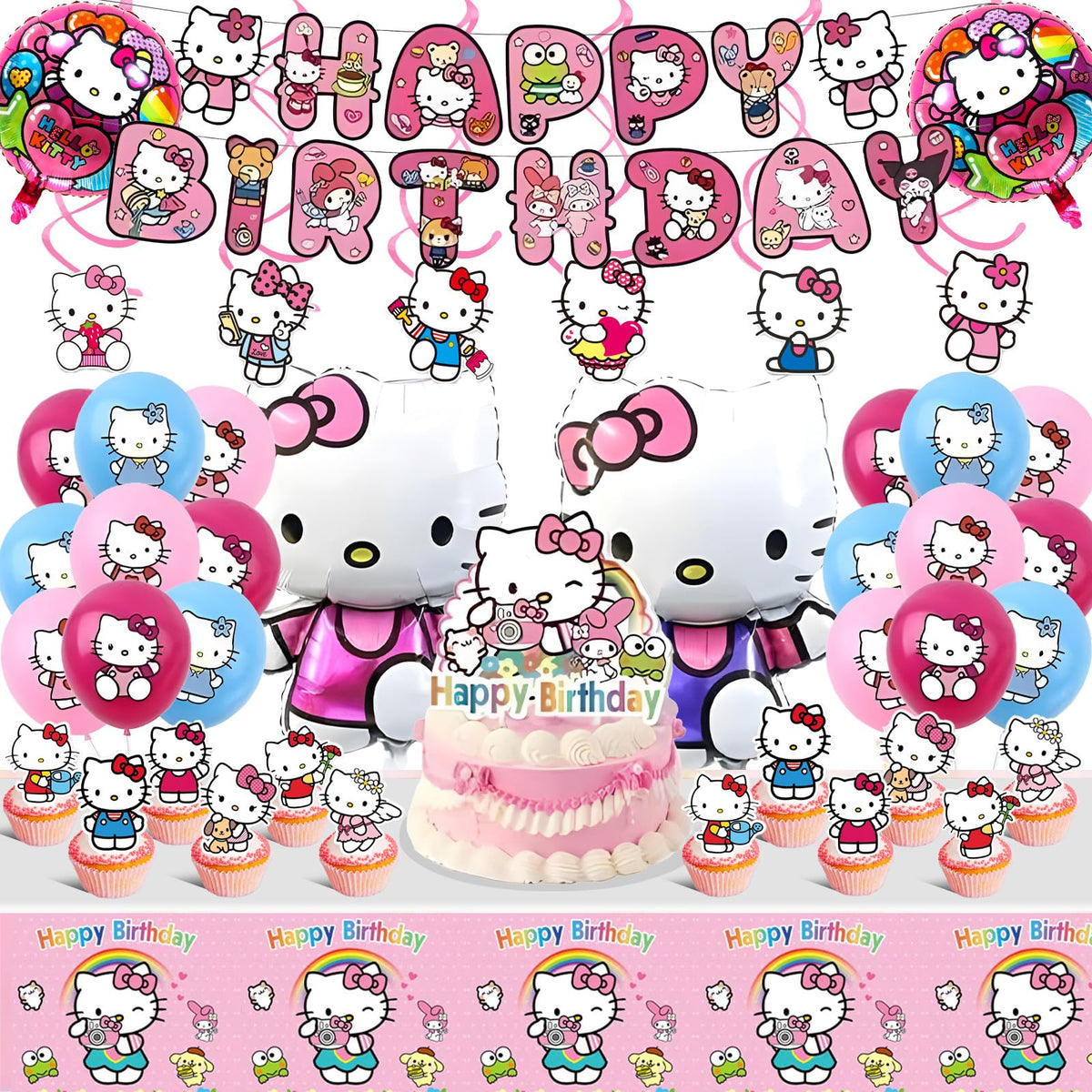 Aorsewynn Kitty birthday banner creates a festive backdrop with bold, kid-friendly visuals.