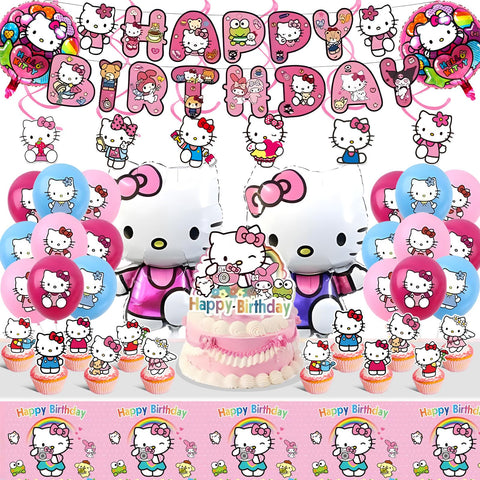 Aorsewynn Kitty birthday banner creates a festive backdrop with bold, kid-friendly visuals.