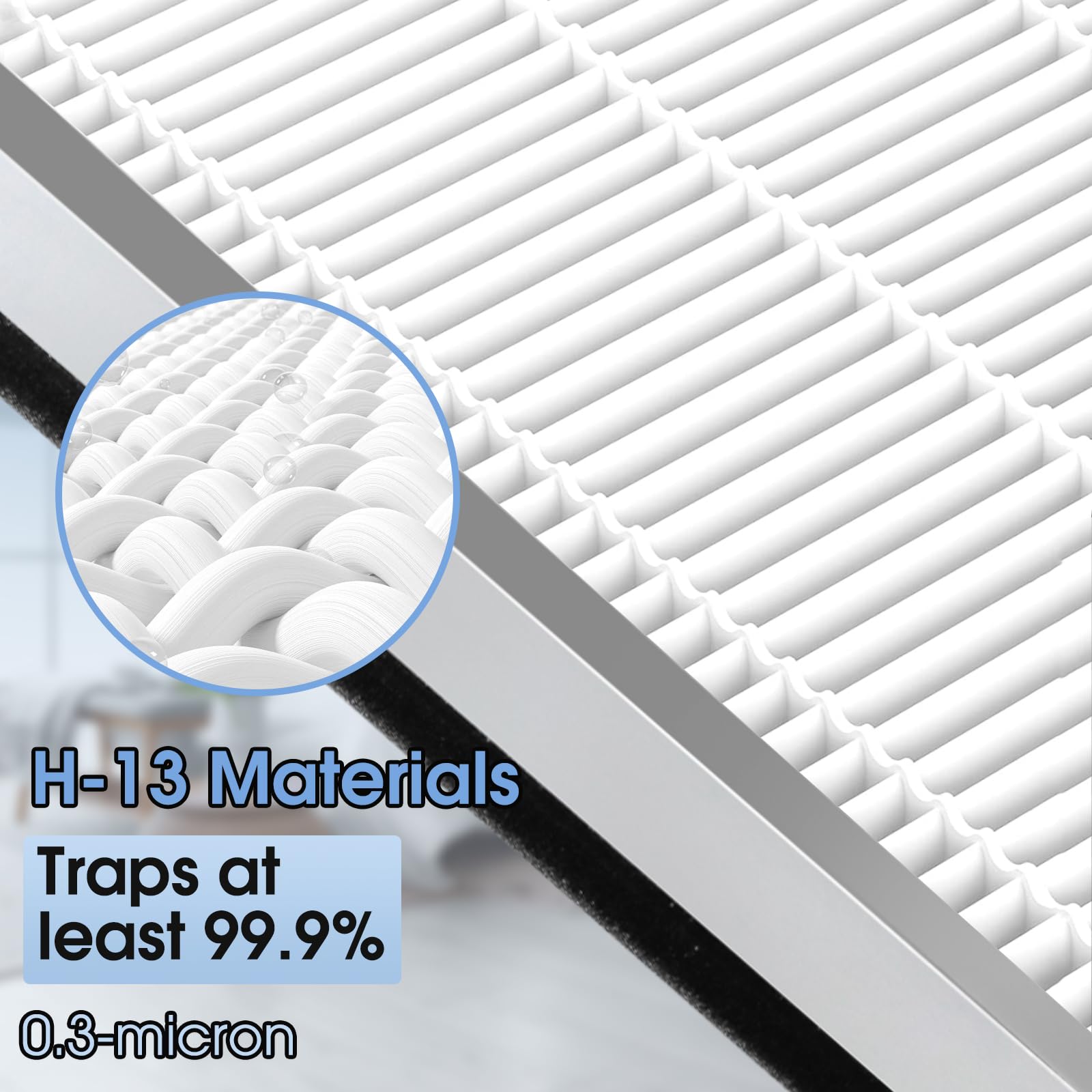 Dense pleated filter design indicating improved airflow and filtration.