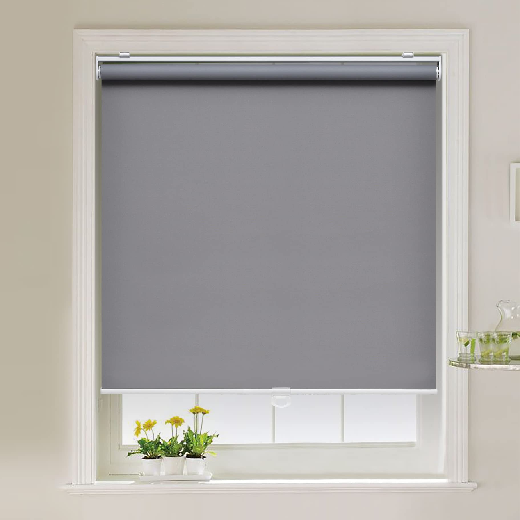 AOSKY cordless roller shade rolled up to showcase space-saving design