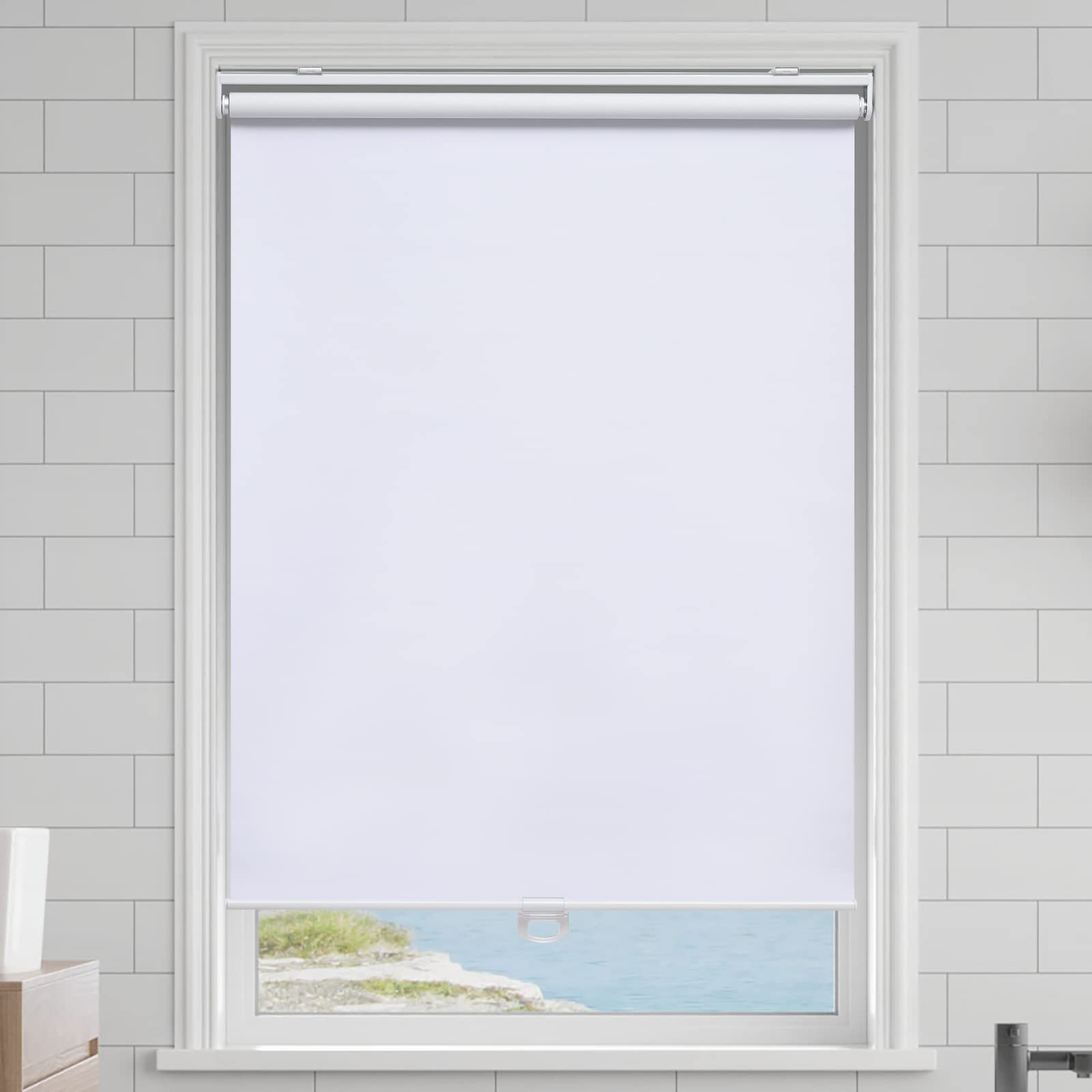 AOSKY cordless roller shade blackout rolled up for a clean look