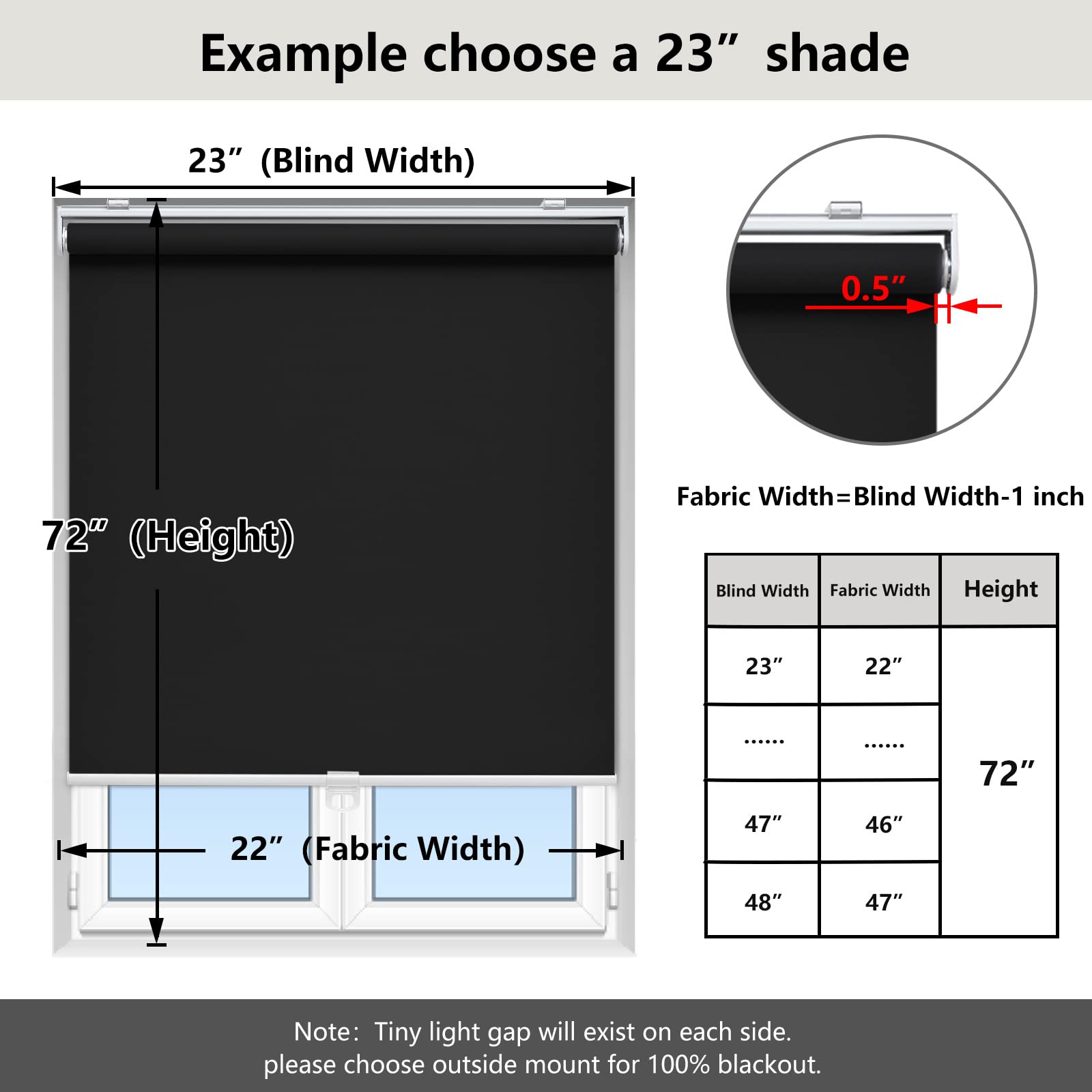 AOSKY blackout shade fully rolled up for a neat window view.
