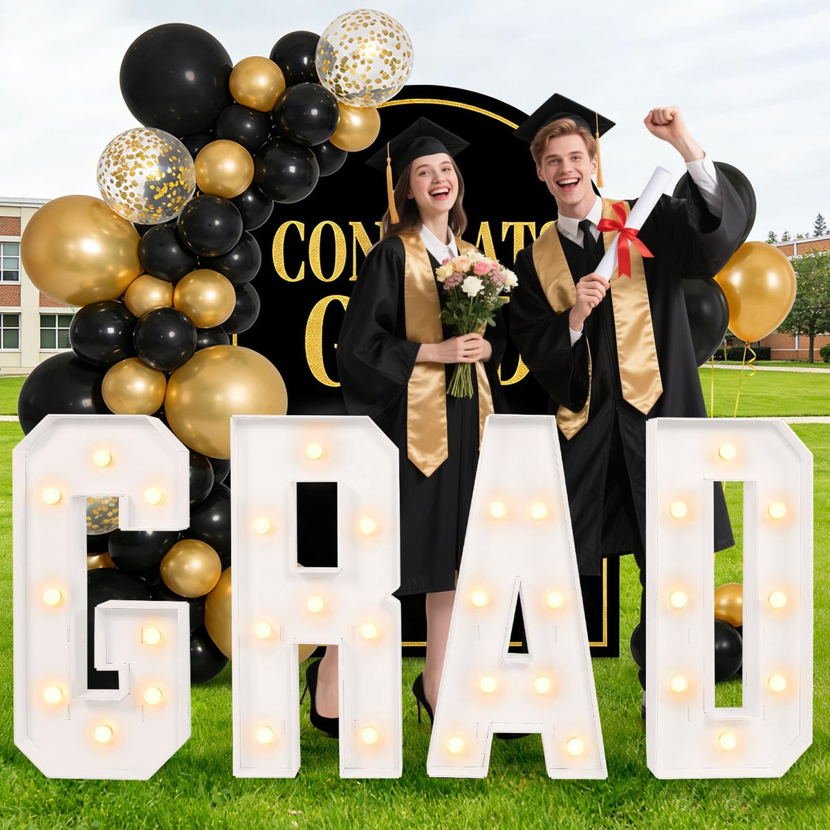 Aotiooy graduation decorations with 3ft GRAD marquee letters illuminate bold classroom displays.