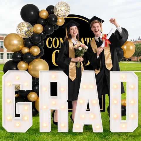 Aotiooy graduation decorations with 3ft GRAD marquee letters illuminate bold classroom displays.