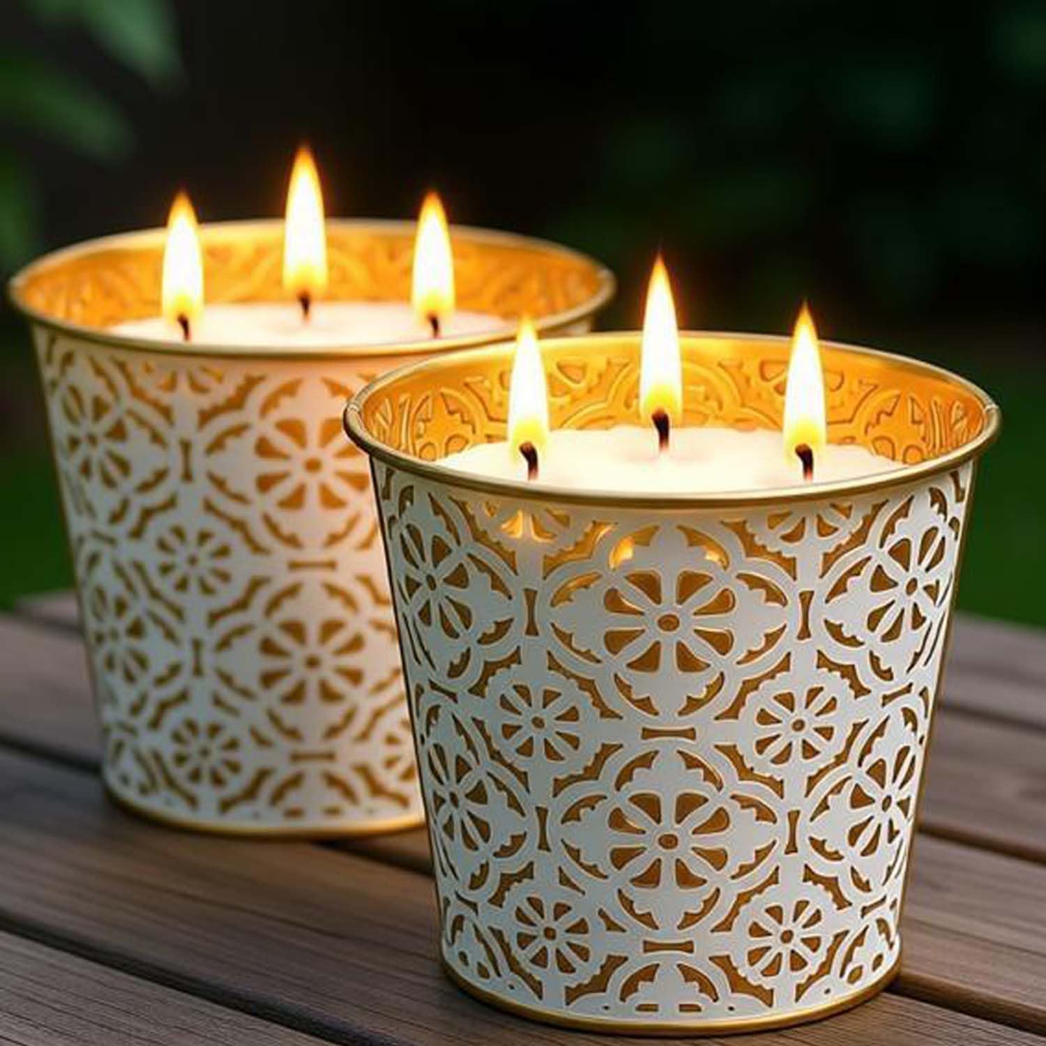 AOTOIE citronella candle outdoor three-wick with gold bucket for patio ambiance.