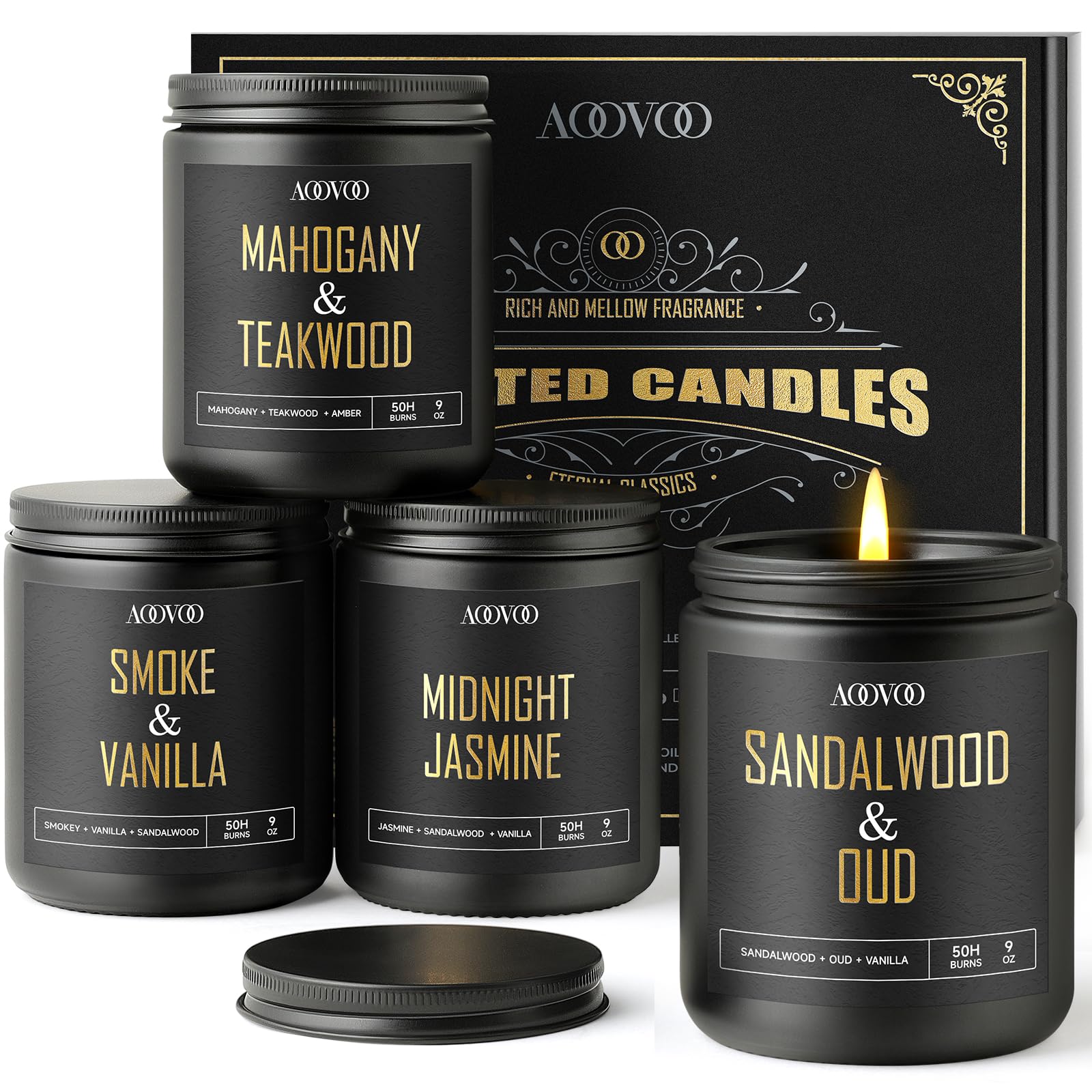 AOOVOO men's sandalwood oud candle in black jar for masculine ambience