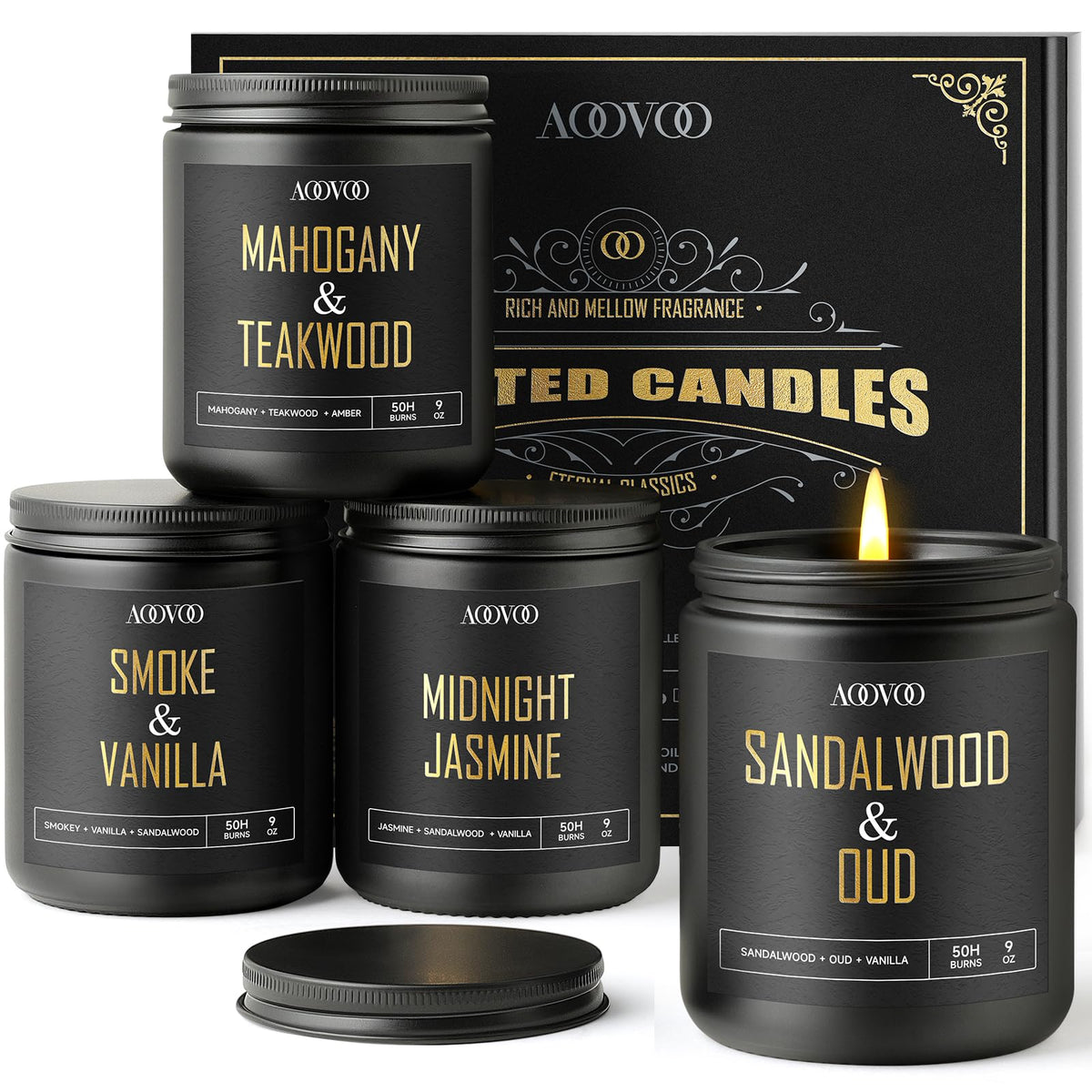 AOOVOO men's sandalwood oud candle in black jar for masculine ambience