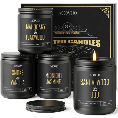 AOOVOO men's sandalwood oud candle in black jar for masculine ambience