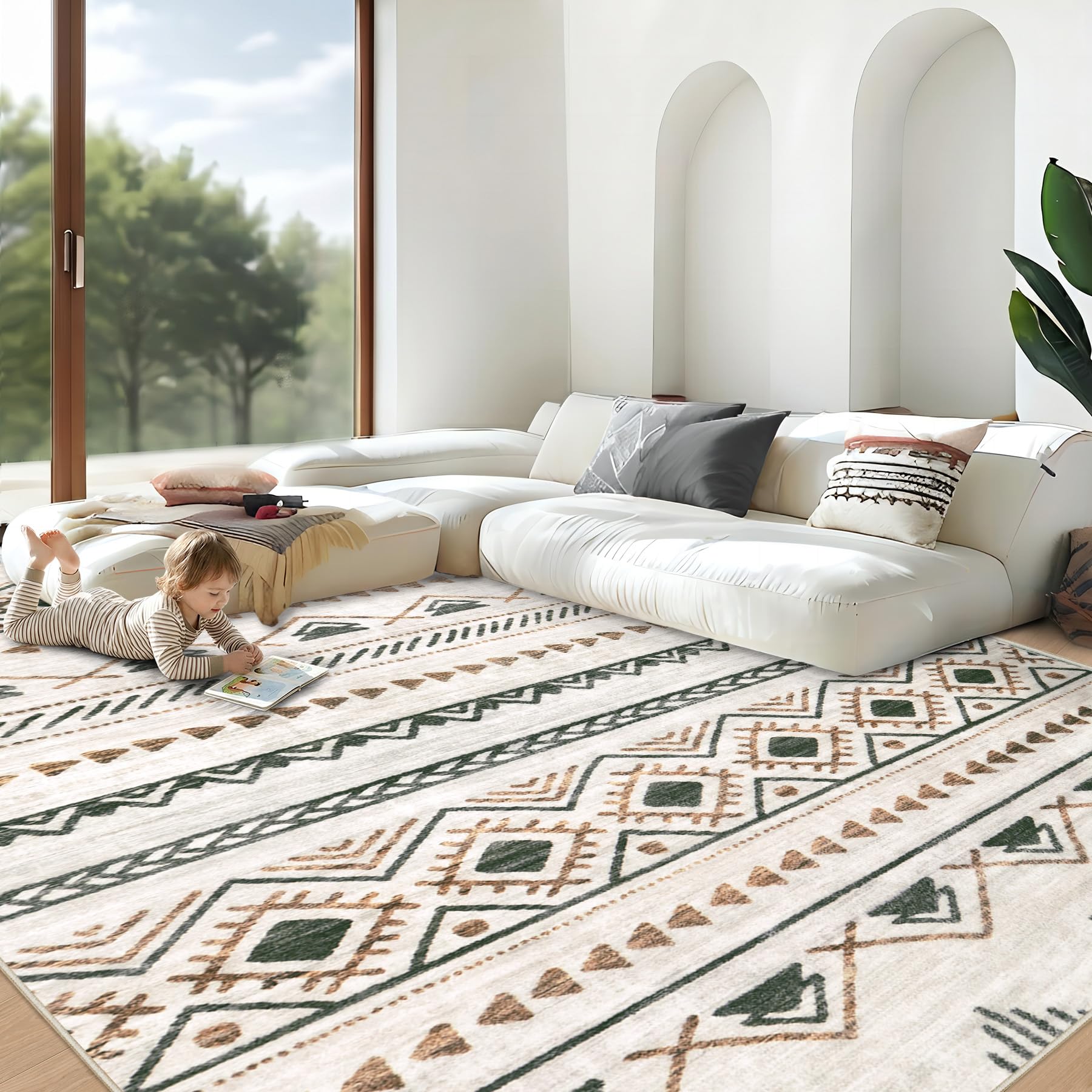 Aoyaomi boho geometric rug in brown and green, perfect for cozy living room ambiance.