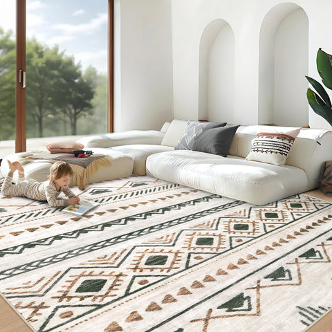 Aoyaomi boho geometric rug in brown and green, perfect for cozy living room ambiance.