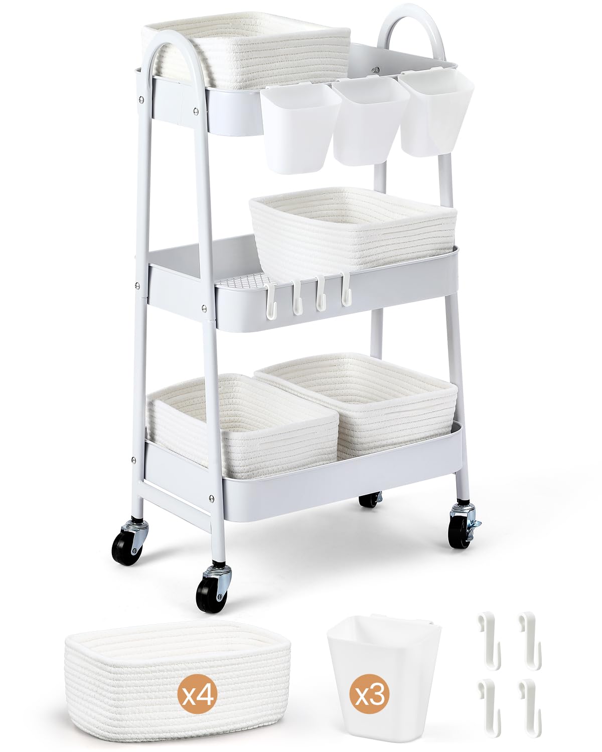 AOZITA 3-tier rolling cart with four woven baskets, top view showing organized storage