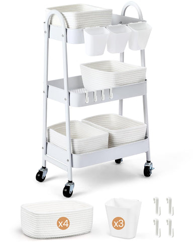 AOZITA 3-tier rolling cart with four woven baskets, top view showing organized storage