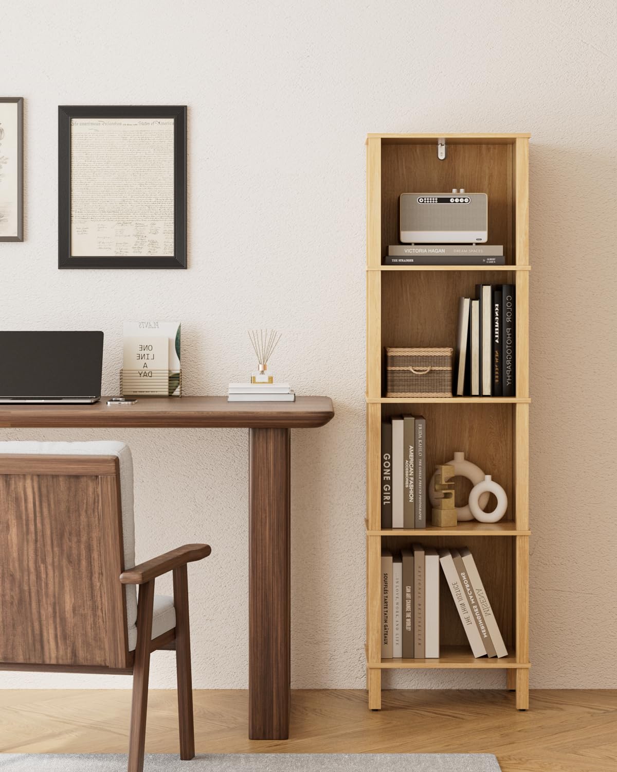 Apetaccat natural finish bookcase adds warmth while keeping belongings organized.
