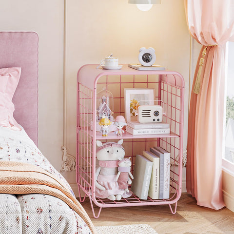 APEXCHASER cute kids pink nightstand 3-tier storage helps organize essentials.