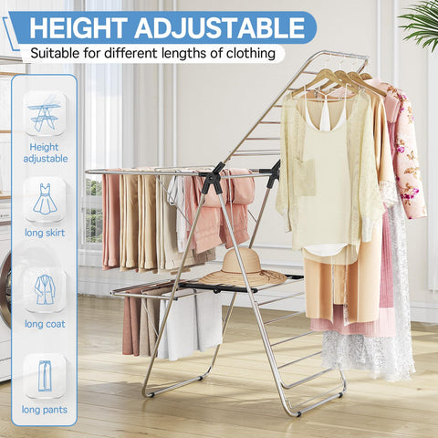 APEXCHASER drying rack showing height-adjustable wings for long garments.