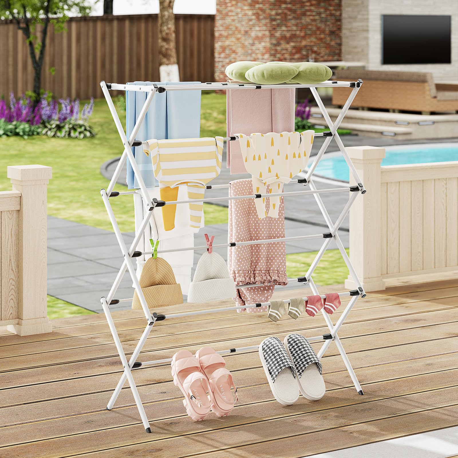 APEXCHASER clothes rack with white coating resists rust for long-term drying.