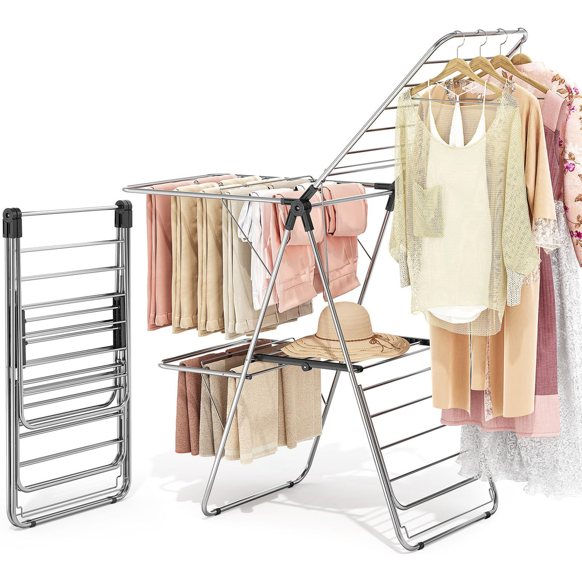 APEXCHASER drying rack with two levels and four wings for spacious drying.