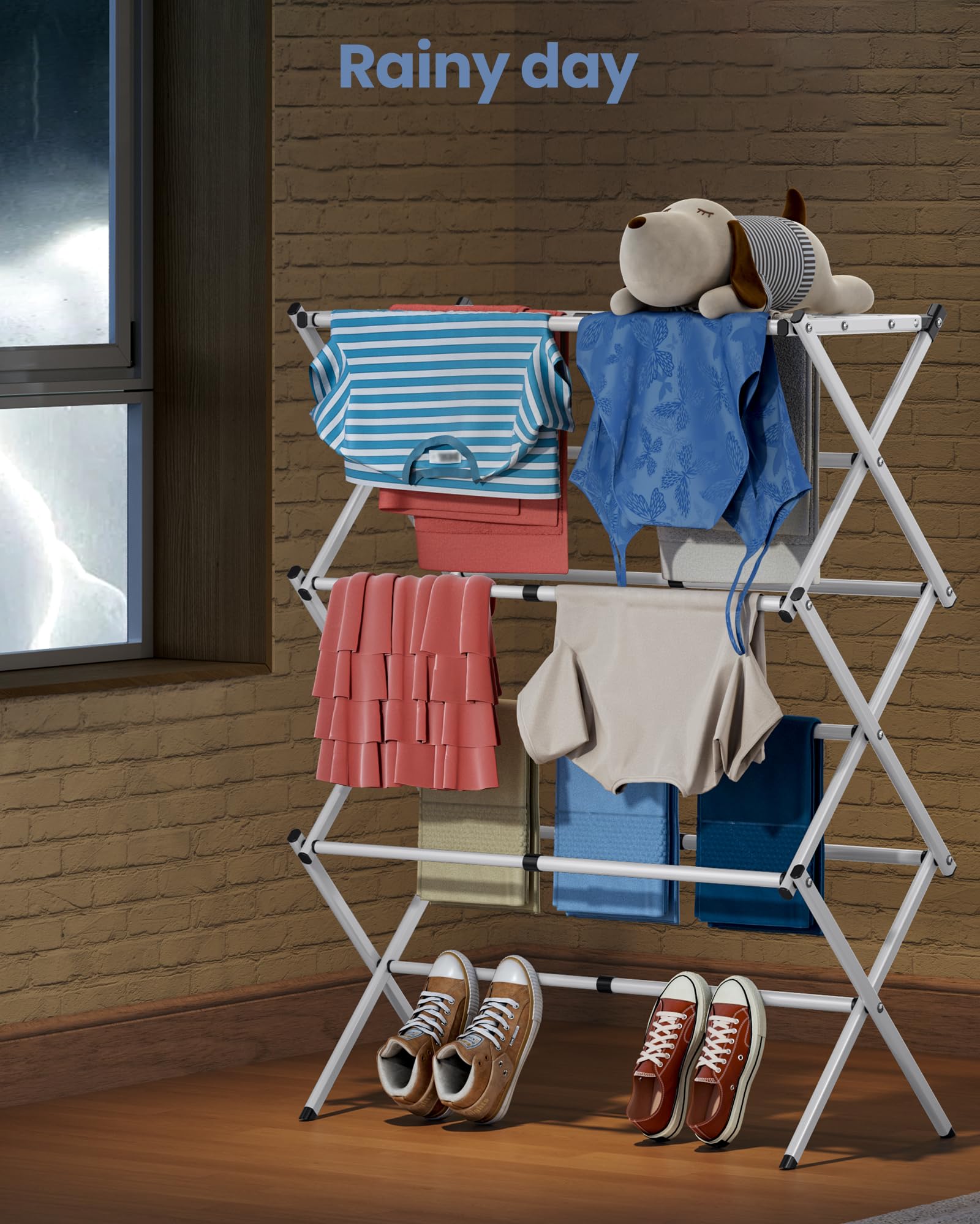 APEXCHASER three-tier rack holds multiple garments at once for efficient drying.