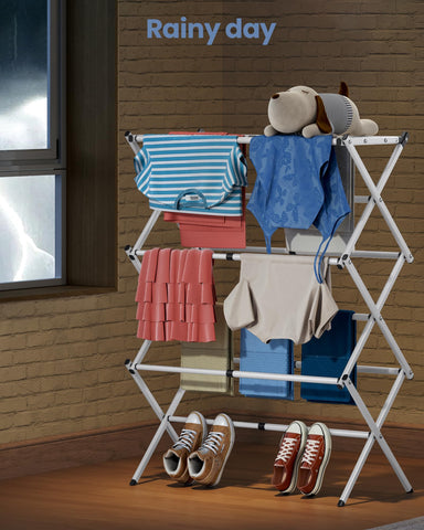 APEXCHASER three-tier rack holds multiple garments at once for efficient drying.
