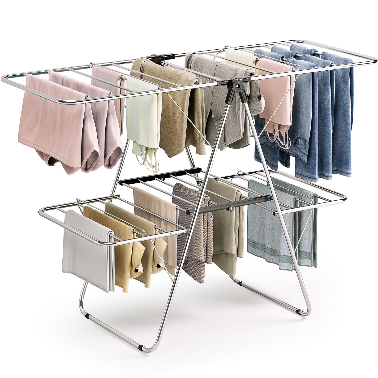 APEXCHASER foldable 2-level drying rack front view, ideal for large laundry loads.