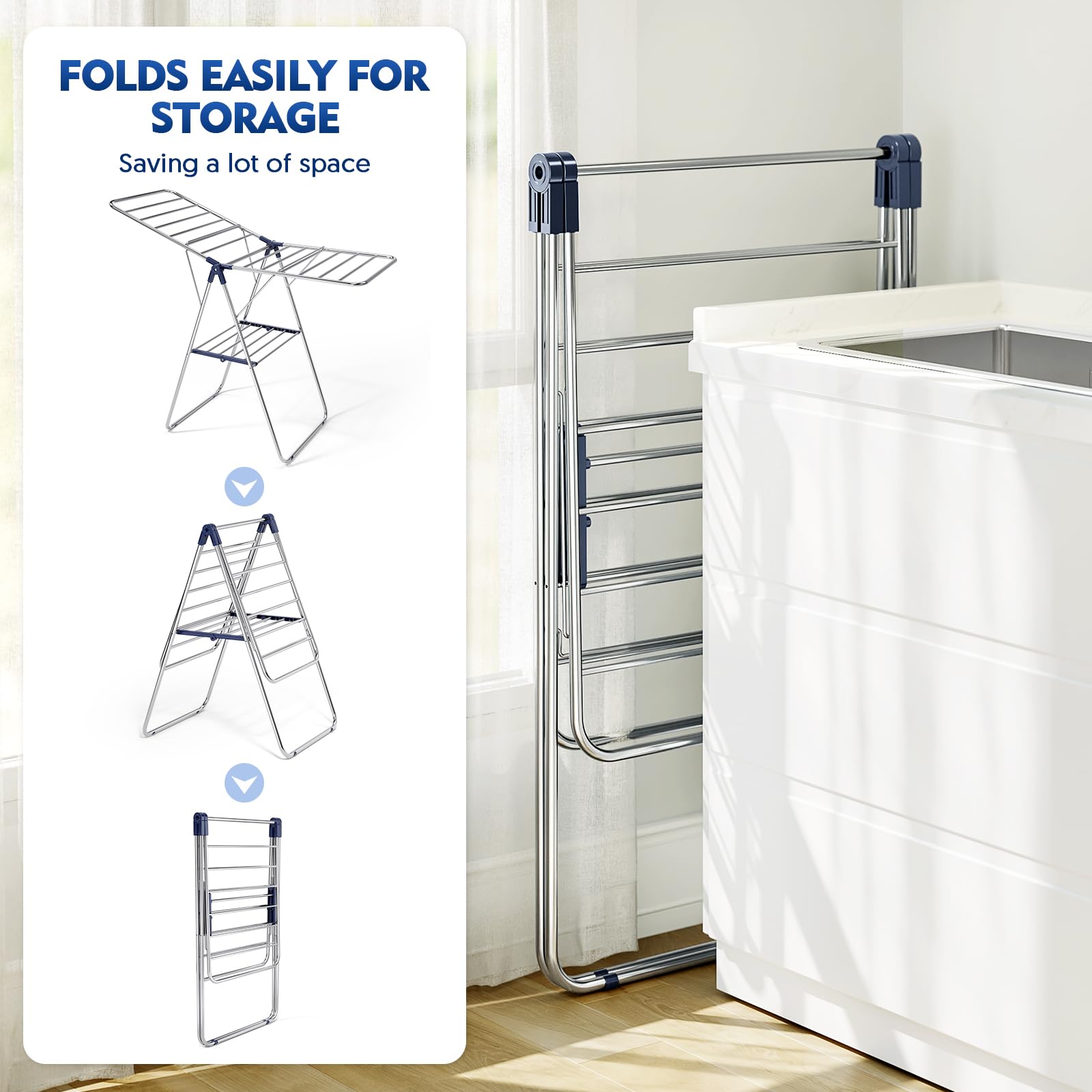 APEXCHASER height-adjustable drying rack adapts to different loads.