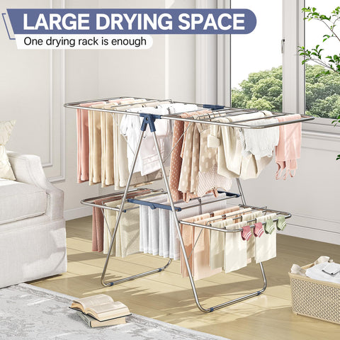 APEXCHASER height-adjustable rack accommodates long garments with adjustable spacing.