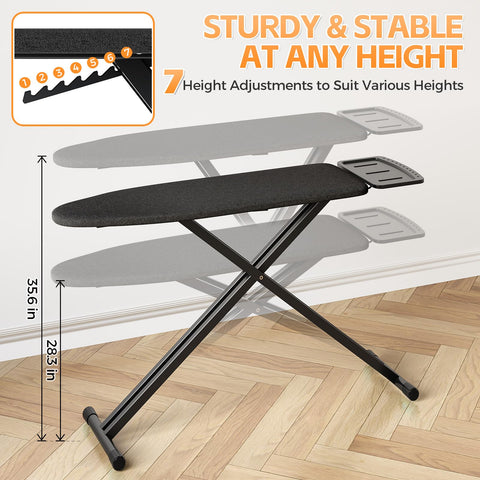 APEXCHASER ironing board full size side view shows height-adjustable design for personalized comfort.