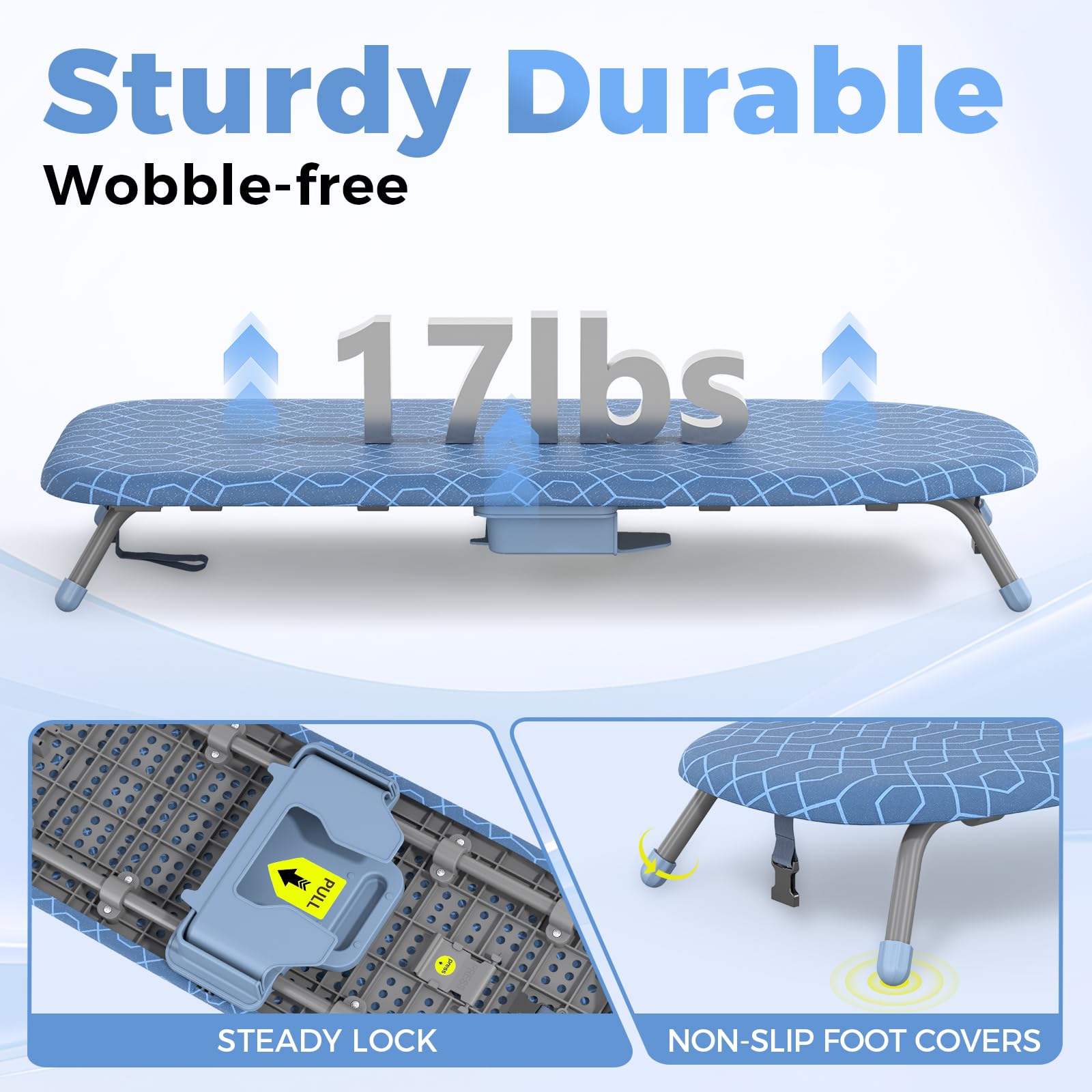 APEXCHASER ironing board features adjustable feet to protect floors on uneven surfaces
