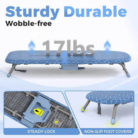 APEXCHASER ironing board features adjustable feet to protect floors on uneven surfaces