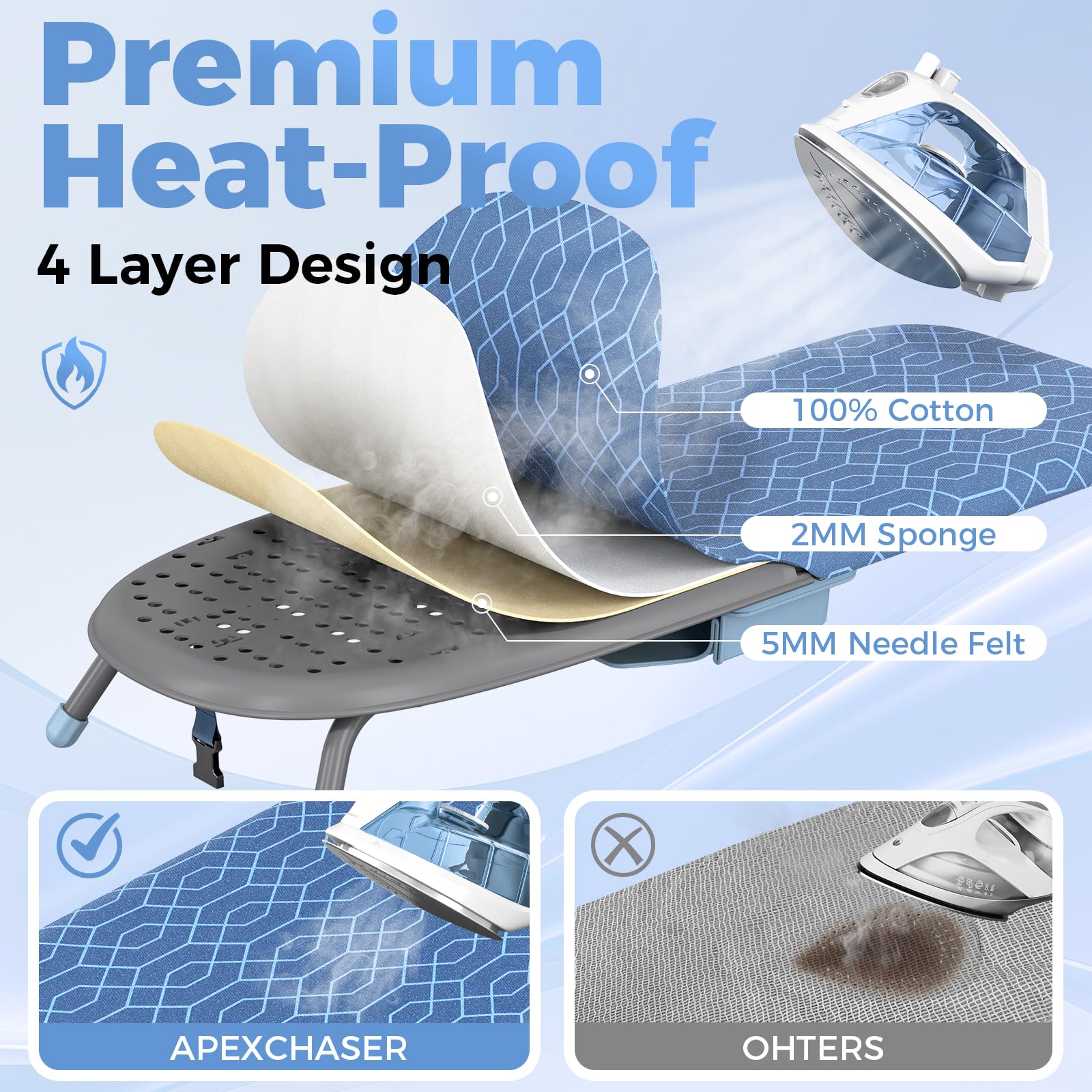 APEXCHASER ironing board with flat, smooth surface for precise ironing