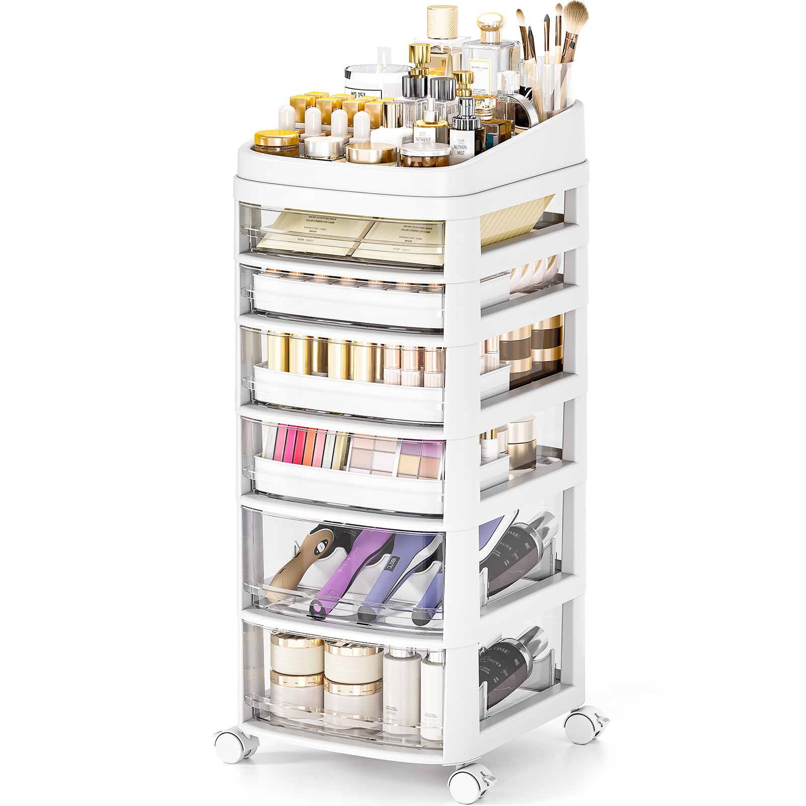 APEXCHASER rolling cart front view with six drawers for quick cosmetics access