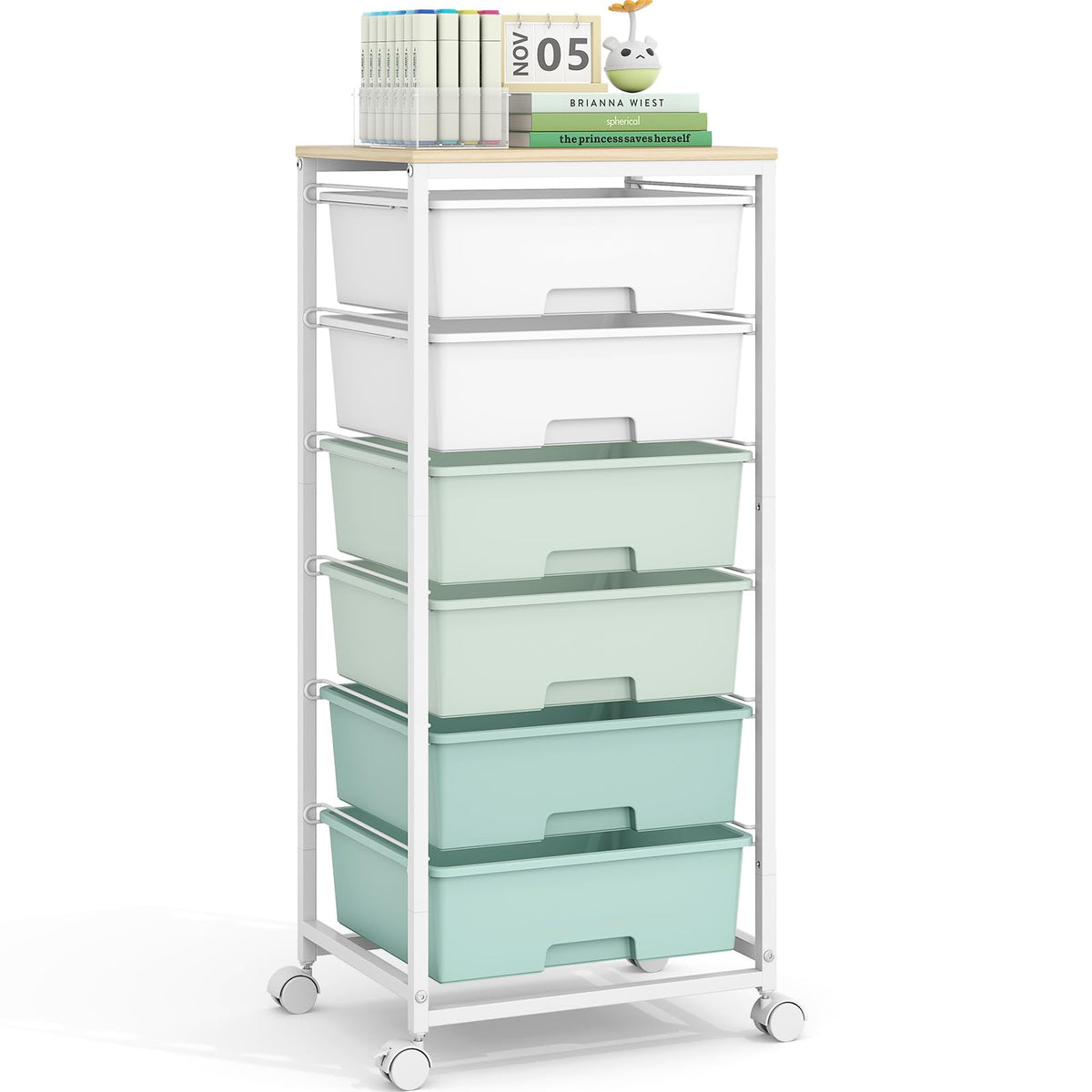 APEXCHASER rolling storage cart with six drawers and wooden top for organized crafts.