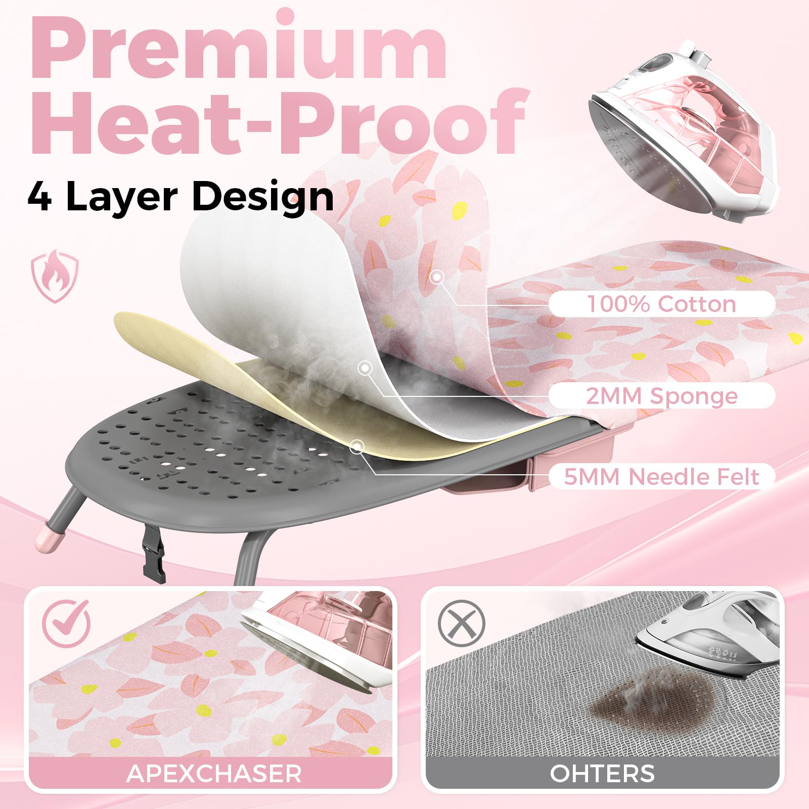 APEXCHASER ironing board with thick cotton cover for smooth ironing.